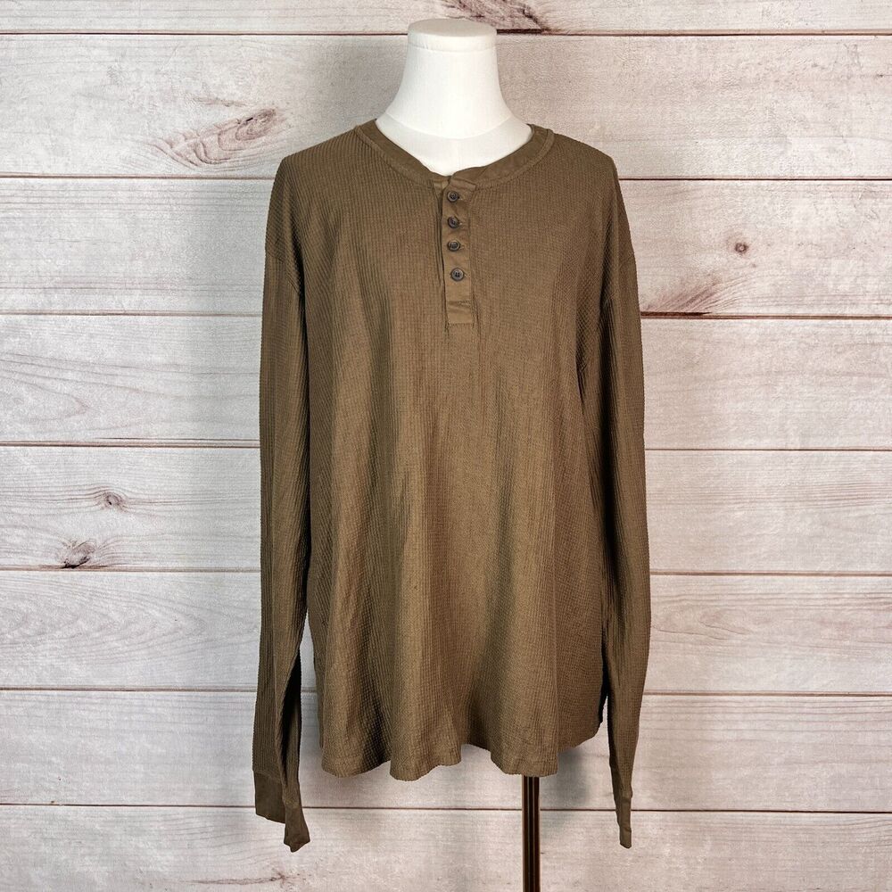 Tecovas Henley T-Shirt Mens XL Brown Waffle Knit Cotton Long Sleeve Pullover